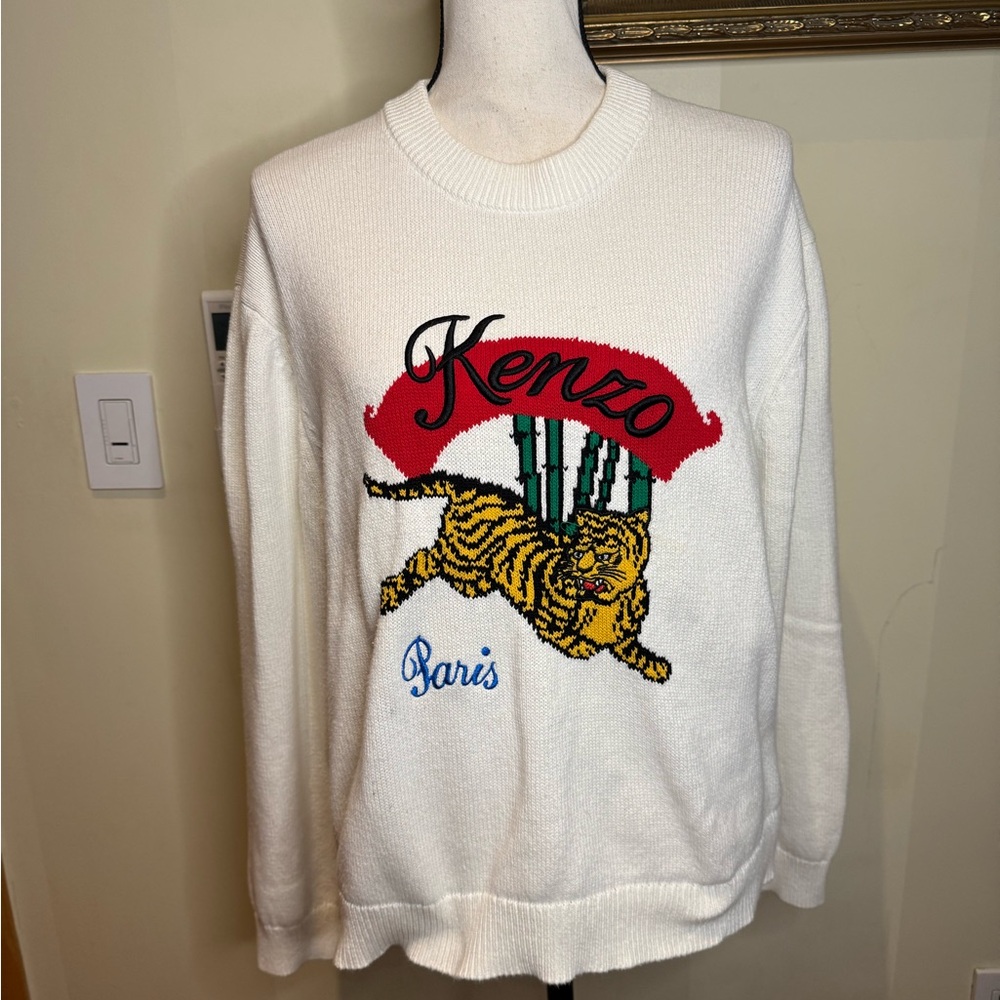 Kenzo White “Jumping tiger”cotton Sweater Sz XL
